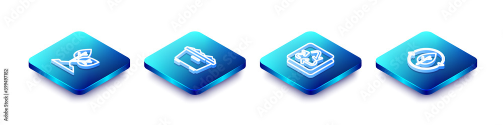 Set Isometric line Plant, Trash can, Recycle and and leaf icon. Vector. Set Isometric line Plant, Trash can, Recycle and and leaf icon. Vector.
