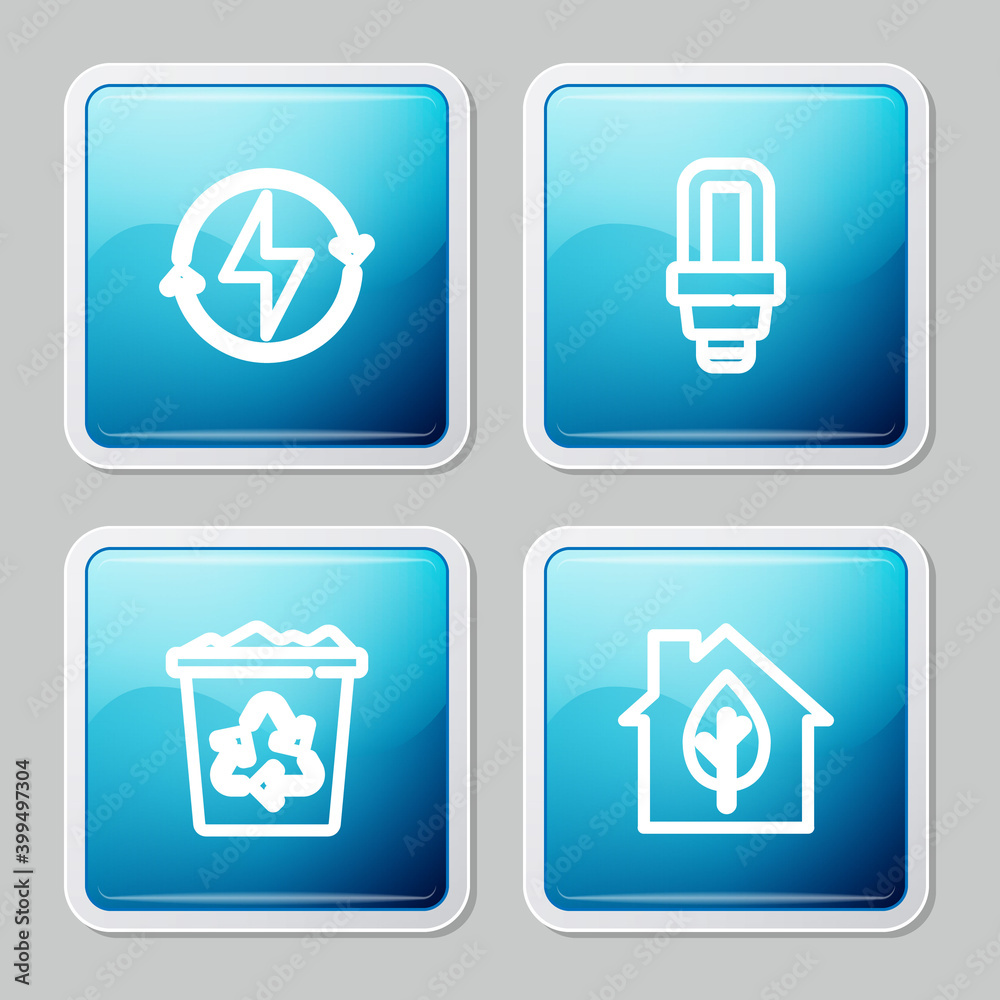 Set line Lightning bolt, LED light bulb, Recycle bin with recycle and Eco friendly house icon. Vector. Set line Lightning bolt, LED light bulb, Recycle bin with recycle and Eco friendly house icon. Vector.