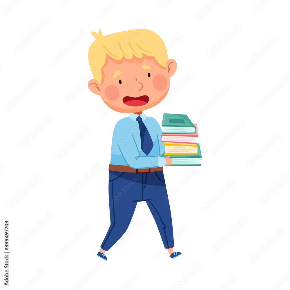 Cute Schoolboy in Blue Uniform Carrying Pile of Pupil Books Vector Illustration