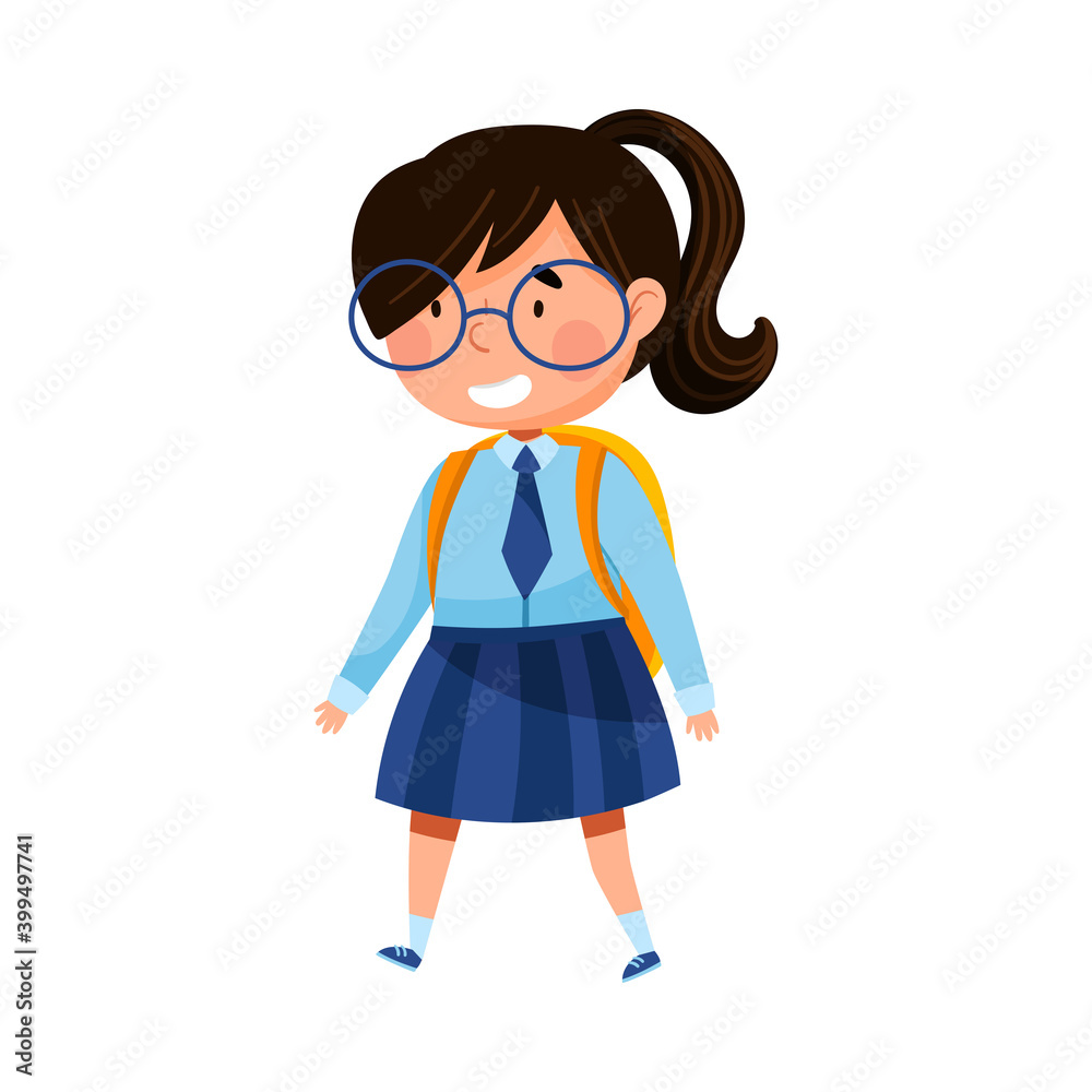 Little Schoolgirl in Blue Uniform and Backpack Walking to School Vector Illustration Little Schoolgirl in Blue Uniform and Backpack Walking to School Vector Illustration