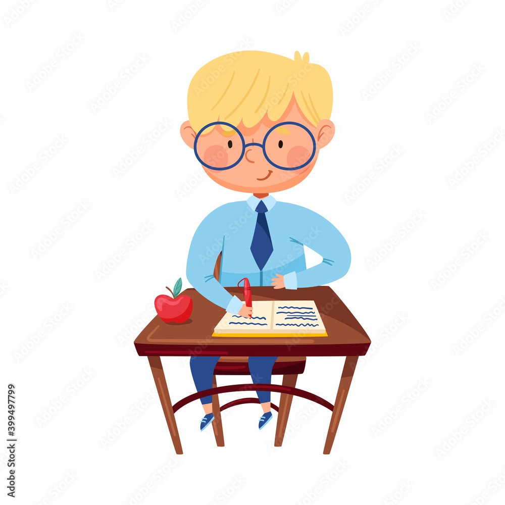 Clever Boy Sitting at Desk at School Lesson and Writing in Copy-book with Pen Vector Illustration Clever Boy Sitting at Desk at School Lesson and Writing in Copy-book with Pen Vector Illustration