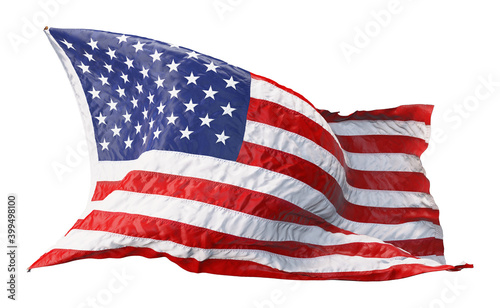 American flag waving in the wind isolated on white background. 3D