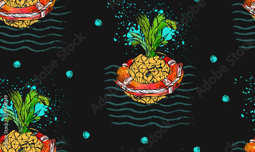 Fototapeta Naklejka Na Ścianę i Meble -  Hand drawn vector abstract tropical seamless pattern with pineapple in red lifebuoy on sea waves,freehand textures isolated on black background.Summer time concept, trendy hipster fashion fabric.