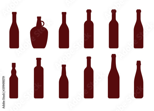 Big Set of silhouette wine bottles. Vector isolated on white background.