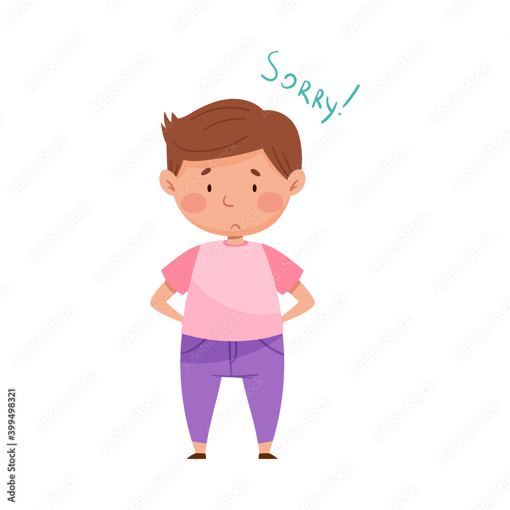 Embarrassed Boy Putting Arms Behind Back Feeling Sorry and Expressing Regret Vector Illustration