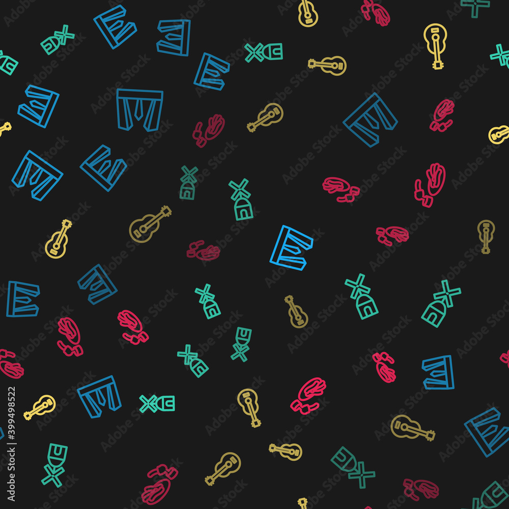 Set line Gate of Europe, Windmill, Spanish guitar and Churros and chocolate on seamless pattern. Vector.