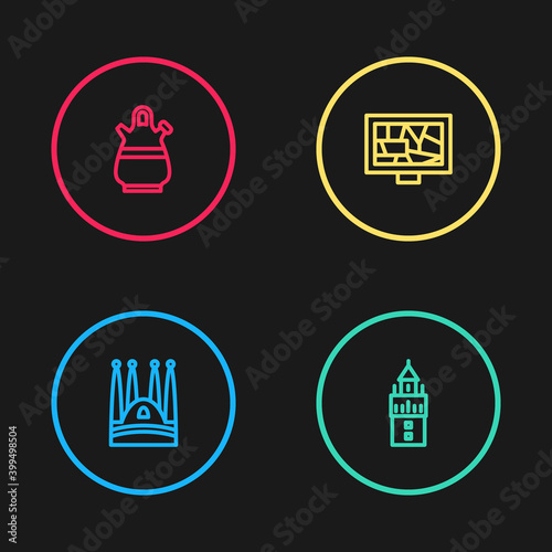 Set line Sagrada Familia, Giralda, Picture art and Sangria pitcher icon. Vector.
