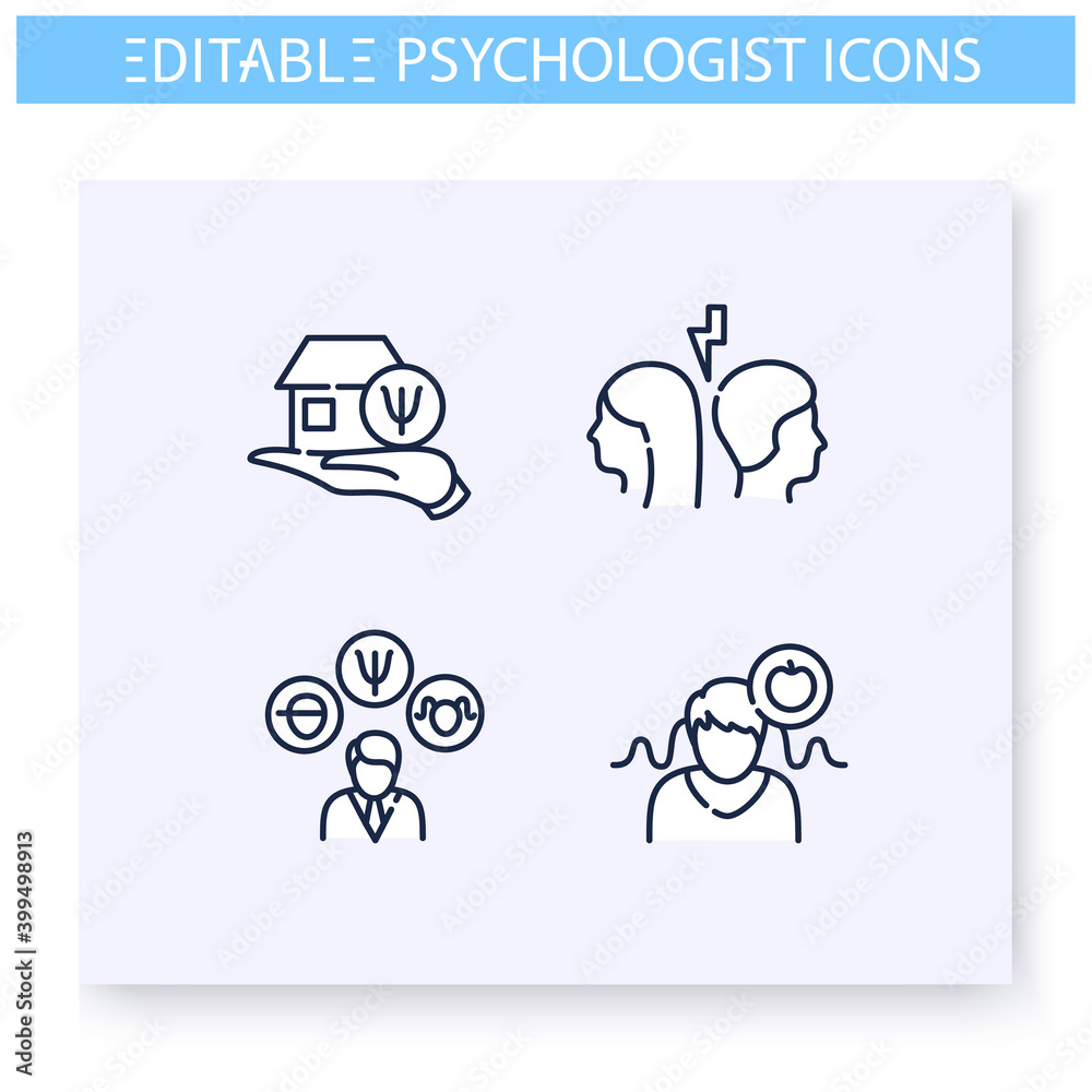 Psychological problems line icons set. Conflict, eating disorder, chilhood problem and more. Psychotherapy. Mental health care and treatment concept.Isolated vector illustrations. Editable stroke