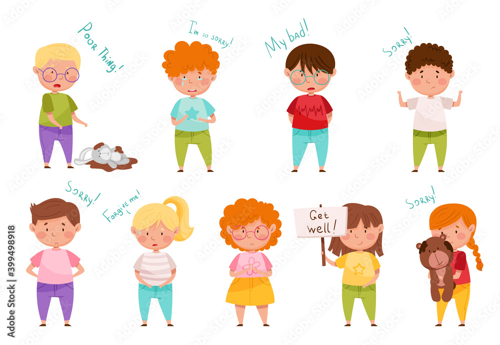 Little Boy and Girl Feeling Sorry and Expressing Regret for Bad Thing Vector Set Little Boy and Girl Feeling Sorry and Expressing Regret for Bad Thing Vector Set