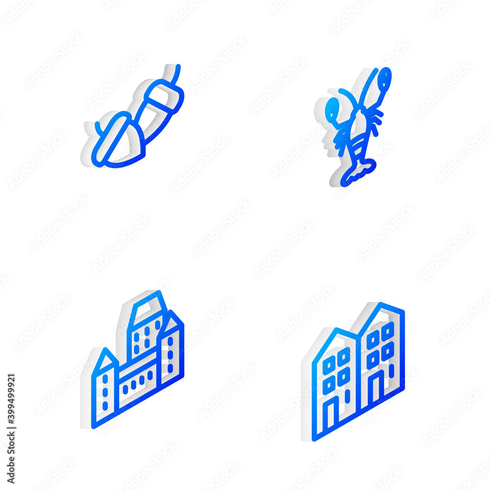Set Isometric line Lobster, Acorn, Chateau Frontenac hotel and House icon. Vector. Set Isometric line Lobster, Acorn, Chateau Frontenac hotel and House icon. Vector.