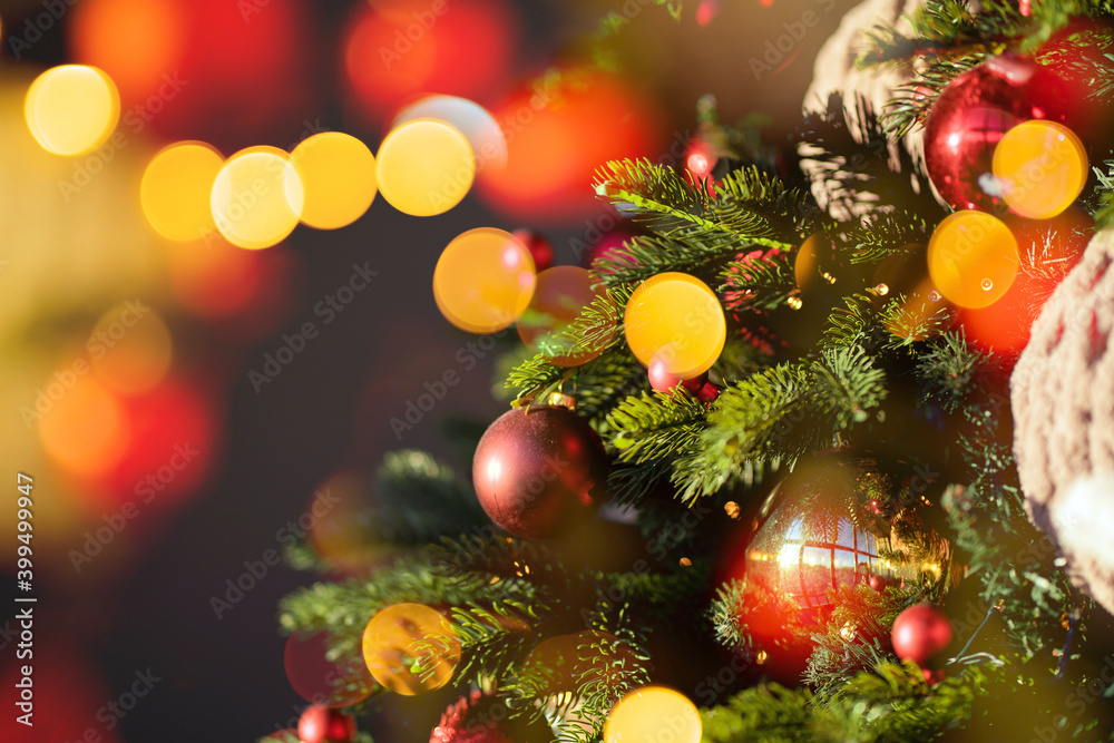 background texture Christmas lights bright, toys on Christmas tree decorations for holiday