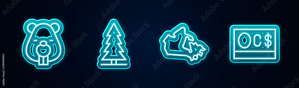Set line Beaver animal, Canadian spruce, Canada map and dollar. Glowing neon icon. Vector. Set line Beaver animal, Canadian spruce, Canada map and dollar. Glowing neon icon. Vector.