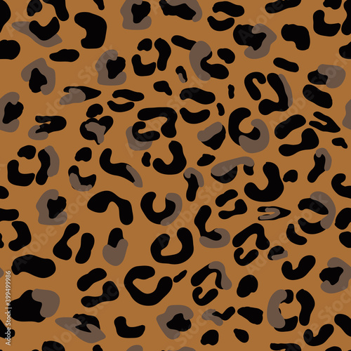Leopard print, seamless pattern. Black spots on a brown background. Wild animal skin imitation, lion, cheetah, leopard. Vector illustration, feline monochrome texture, ethnic design