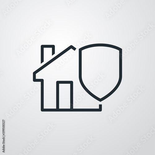 Símbolo seguro del hogar. Logotipo casa con escudo con lineas en fondo gris