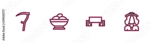 Set line Scythe, Embroidered towel, Varenyky in a bowl and Ukrainian woman icon. Vector.