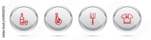 Set line Vodka with pepper and glass, Bandura, Garden pitchfork and Embroidered shirt. Silver circle button. Vector.