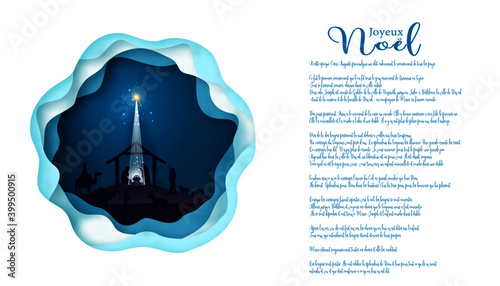 carte ou bandeau sur joyeux noël en vert représenté par une crèche avec des animaux, les rois mage sur un fond bleu vert et à côté le texte de la nativité le tout sur un fond blanc