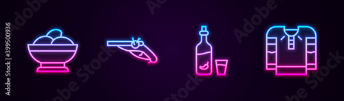 Set line Varenyky in a bowl, Vintage pistols, Vodka with pepper and glass and Embroidered shirt. Glowing neon icon. Vector.