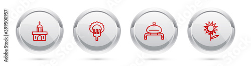 Set line Church building, Dumplings on fork, Bread and salt and Sunflower. Silver circle button. Vector.
