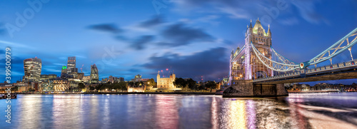 Panorama of London with Tower Bridge, Tower Hill and modern downtown in England, UK
