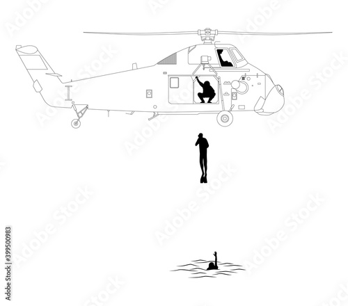 Ein Rettungshubschrauber schwebt über einen Schiffbrüchigen