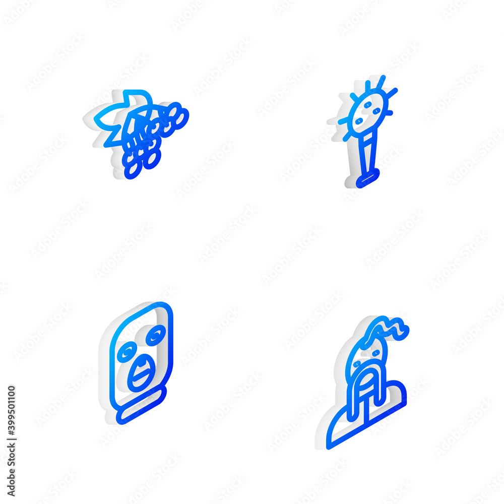 Set Isometric line Mace, Branch viburnum, Thief mask and Ukrainian cossack icon. Vector. Set Isometric line Mace, Branch viburnum, Thief mask and Ukrainian cossack icon. Vector.