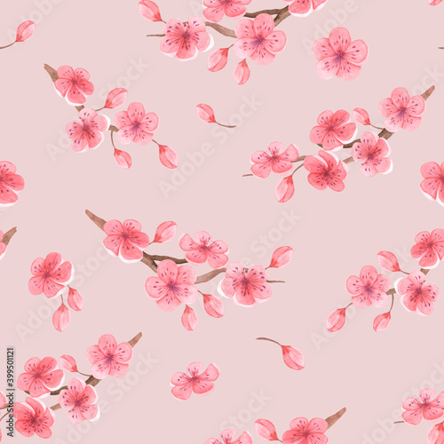 Watercolor seamless pattern with cherry blossoms on a pink background, hand drawn, sakura, spring decor. For textiles, packaging, wedding design, invitations, greetings.