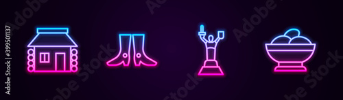 Set line Ukrainian house, footwear, Mother Motherland monument and Varenyky bowl. Glowing neon icon. Vector.