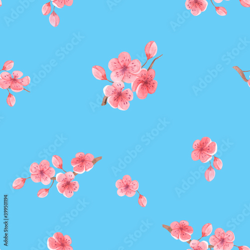 Watercolor seamless pattern with cherry blossoms on a blue background, hand drawn, sakura, spring decor. For textiles, packaging, wedding design, invitations, greetings.