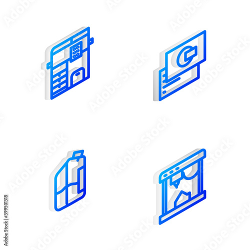 Set Isometric line Business card, Copy machine, Printer ink bottle and 3D printer icon. Vector.