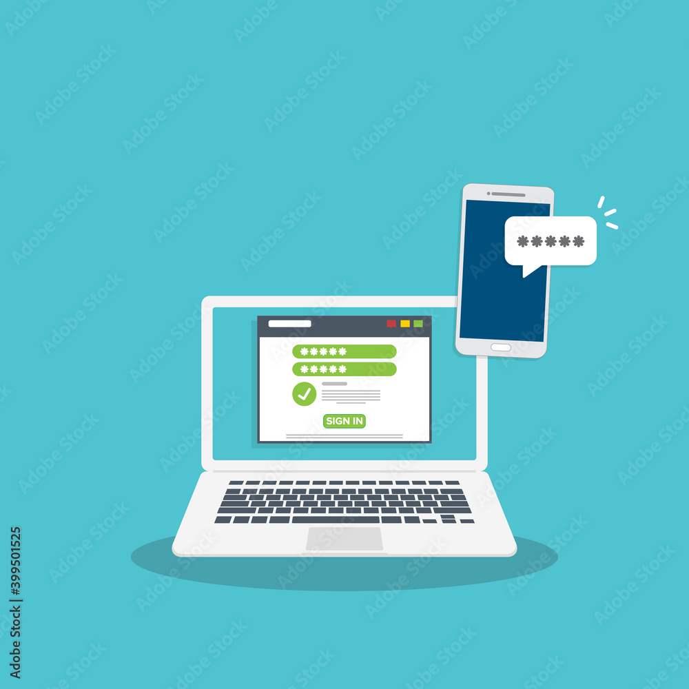 Successful web browser Login page on Laptop Screen with password form and smartphone password confirmation . Security, personal access, user authorization. Successful web browser Login page on Laptop Screen with password form and smartphone password confirmation . Security, personal access, user authorization.