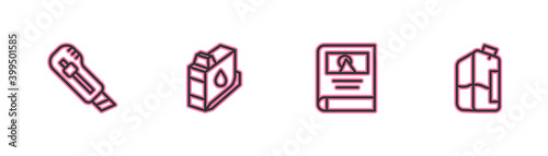 Set line Stationery knife, Photo album gallery, Printer ink cartridge and bottle icon. Vector.