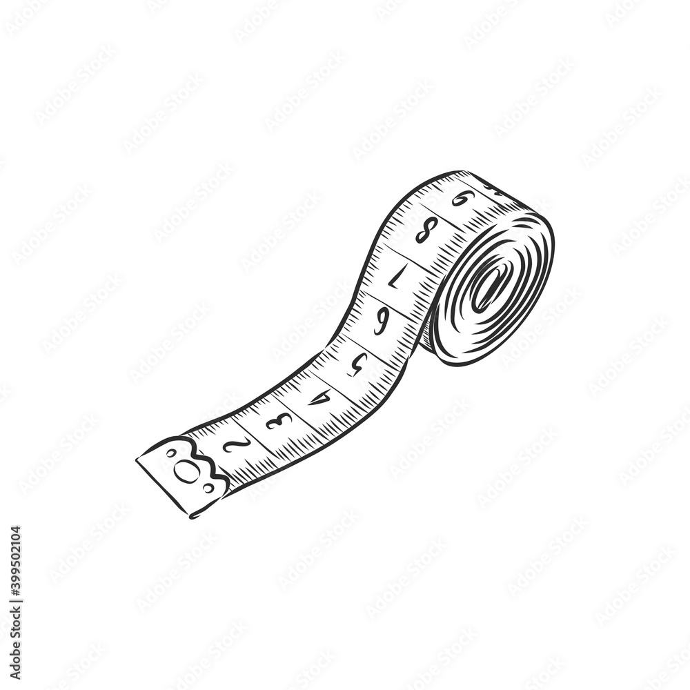 hand drawn, sketch illustration of measuring tape. centimeter tape