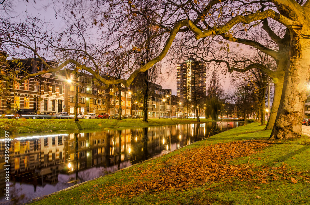 Rotterdam, The Netherlands, December 13, 2020: view along Noordsingel canal, with plane trees, historic houses and lighttrails, during the blue hour after sunset