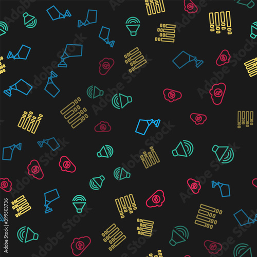 Set line Movie spotlight, Speaker volume, Music equalizer and streaming service on seamless pattern. Vector.