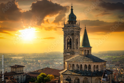 Beautiful architecture of the Basilica of Santa Maria Maggiore in Bergamo at sunset, Italy