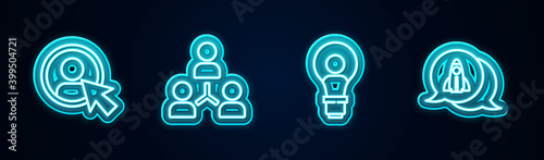 Set line Create account screen, Project team base, Head with lamp bulb and Startup project concept. Glowing neon icon. Vector.