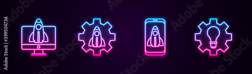 Set line Startup project concept, , and Light bulb and gear. Glowing neon icon. Vector.