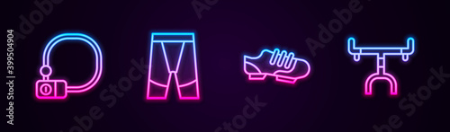 Set line Bicycle lock, Cycling shorts, shoes and handlebar. Glowing neon icon. Vector.