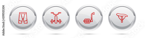 Set line Cycling shorts, Bicycle for kids, pedal and seat. Silver circle button. Vector.