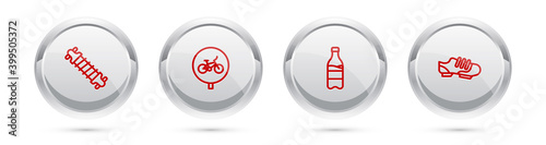 Set line Bicycle suspension, , Sport bottle with water and shoes. Silver circle button. Vector.