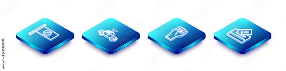Set Isometric line Protest, Police car and flasher, Raised hand with clenched fist and Vote box icon. Vector. Set Isometric line Protest, Police car and flasher, Raised hand with clenched fist and Vote box icon. Vector.