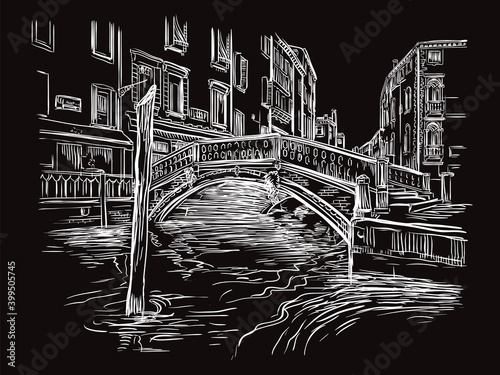Venice drawing vector illustration canal and bridge black