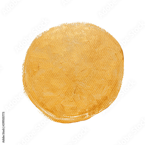 Acrylic paint texture abstract round shape. Golden colors. Isolated on white background.