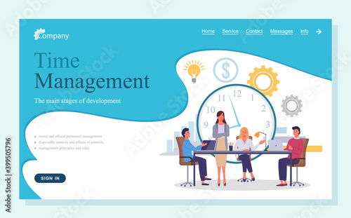 Concept of time management website, landing page with text. Menu bar and web icons. Working office workers at table, teamwork, business meeting at clock background. Organizing office time, deadline