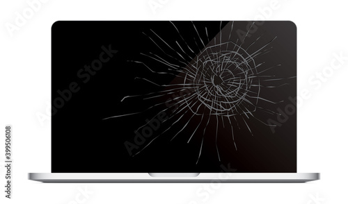 Laptop with a cracked screen. Realistic vector illustration of a notebook with the damaged black display, isolated on a white background.