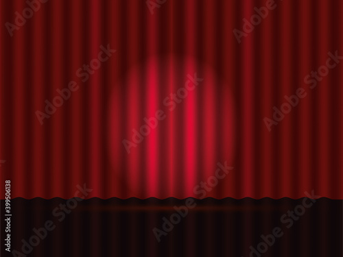 Realistic theatrical drapes with spotlight. Empty scene with a red curtain. Vector