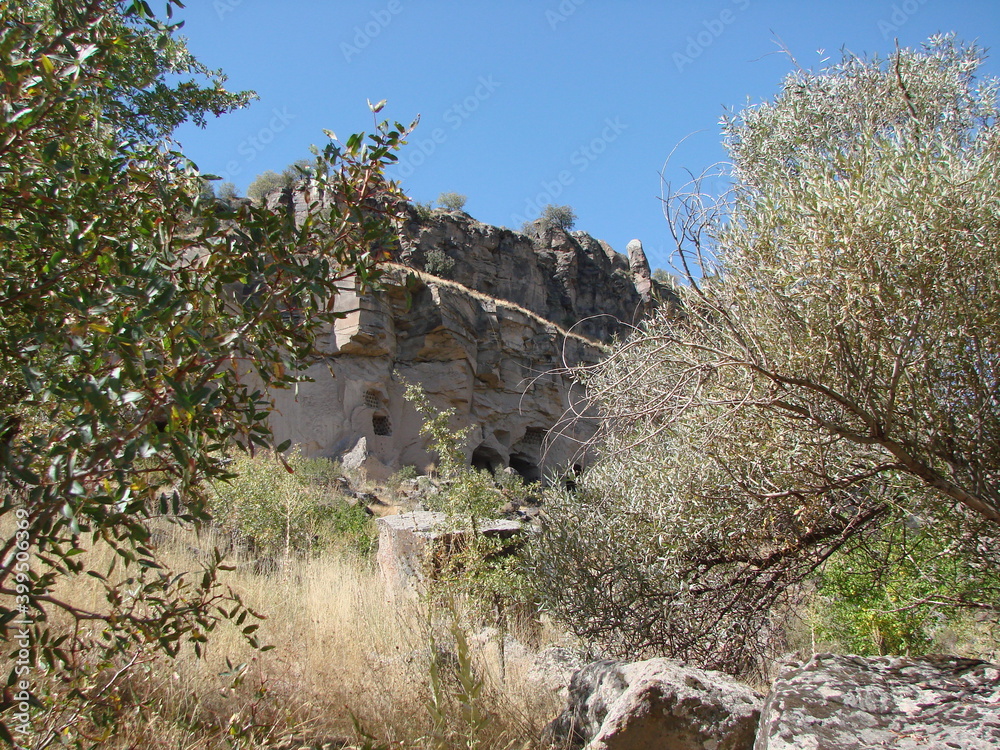 View from the depths of the canyon on the incredible height and power of the granite wall on a background of sunny blue sky. View from the depths of the canyon on the incredible height and power of the granite wall on a background of sunny blue sky.