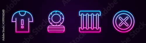 Set line T-shirt protest, Lying burning tires, Prison window and X Mark, Cross circle. Glowing neon icon. Vector.