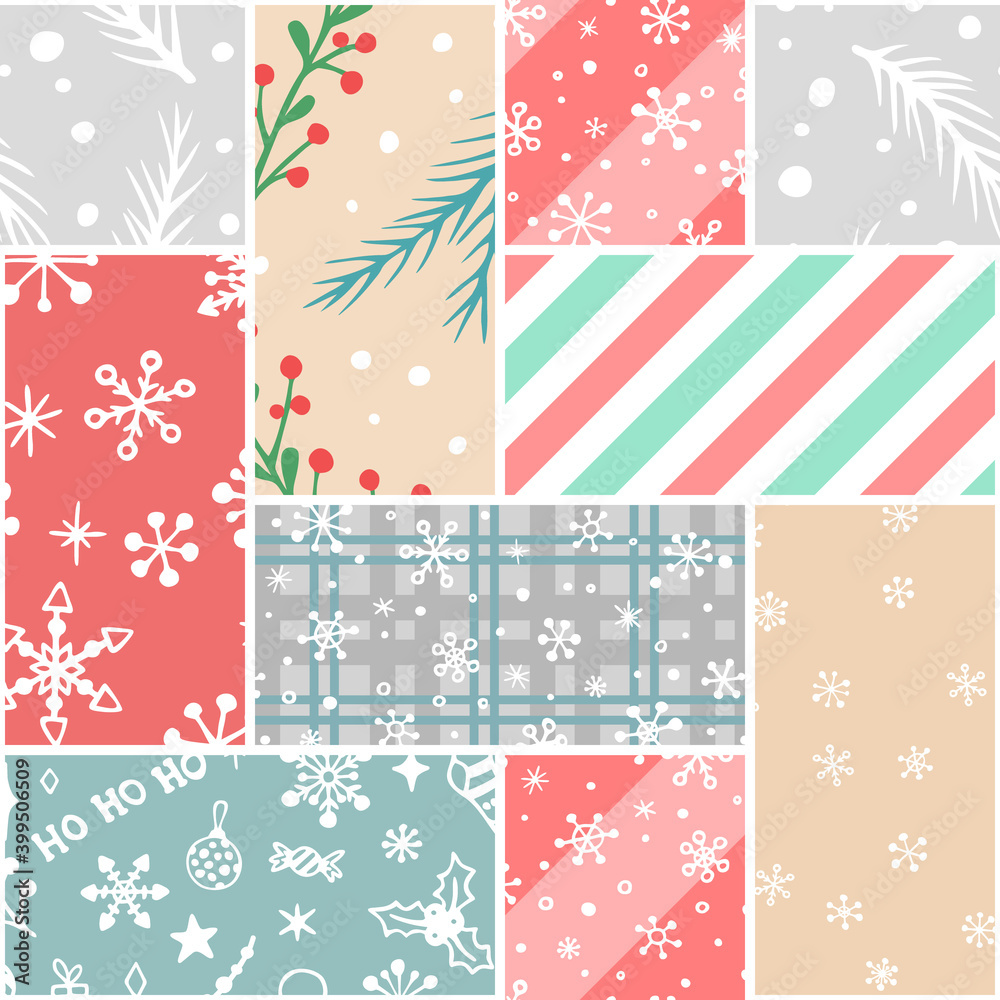 Vector seamless pattern in patchwork style with hand drawn Christmas elements. Cute design for wrappings, textile and backgrounds Vector seamless pattern in patchwork style with hand drawn Christmas elements. Cute design for wrappings, textile and backgrounds